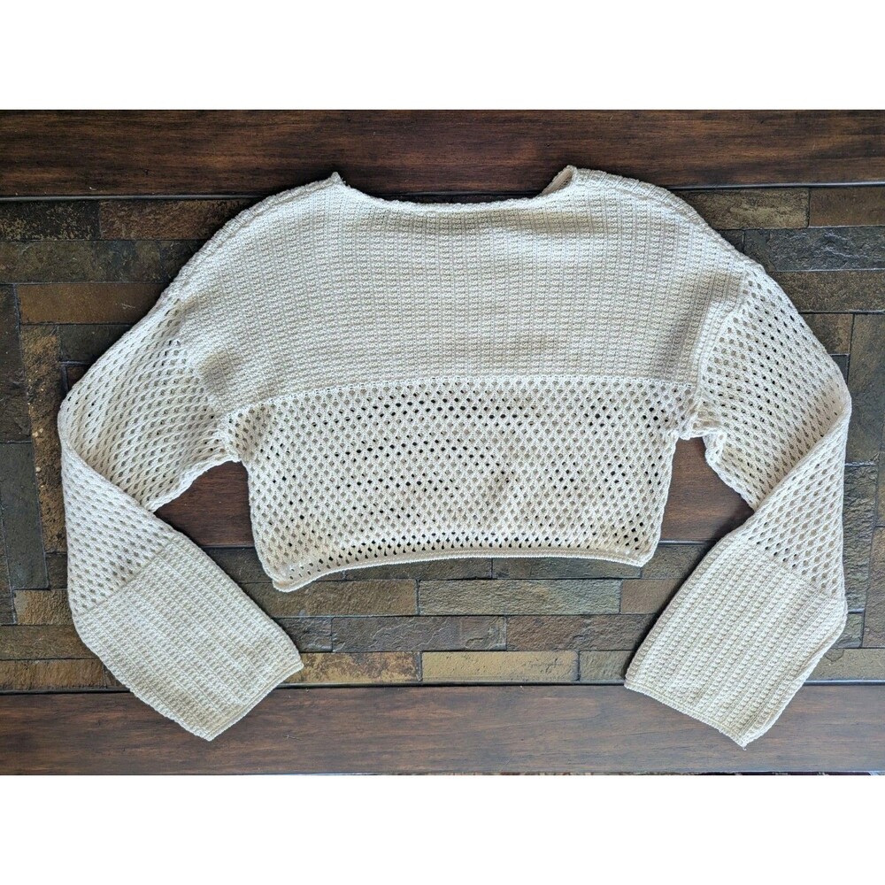 Zara Cropped Sweater Women M Beige Knit Crochet Bell Sleeves